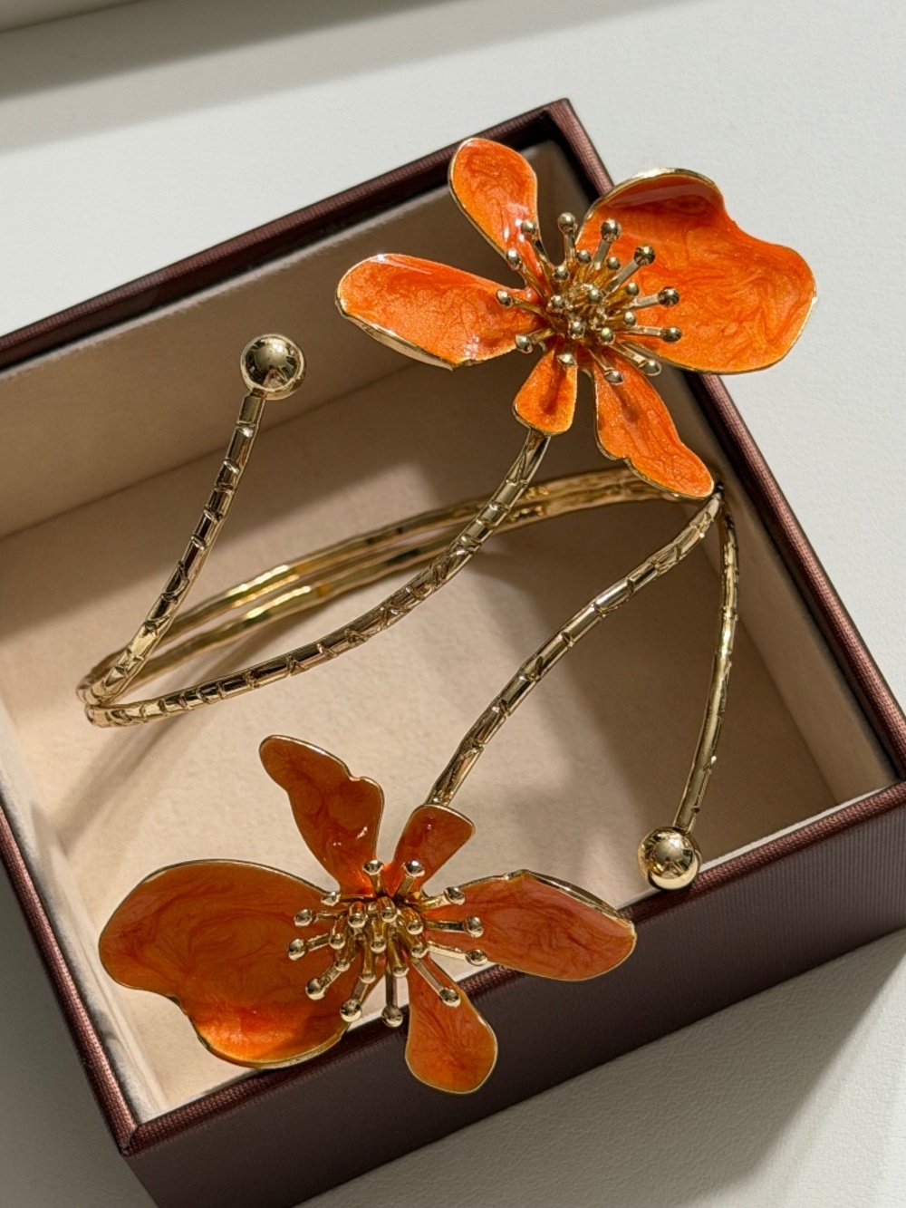 Vintage Golden Orange Asymmetrical Exaggerated Flower Enamel Adjustable Bracelet